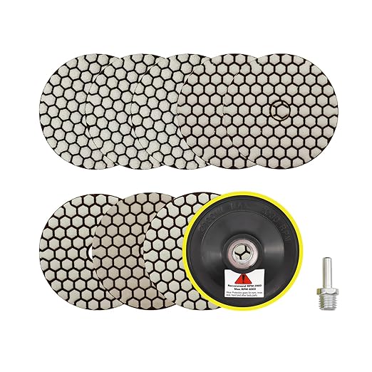 Dry Diamond Polishing Pads 4"/100mm - 8pcs 50x3/100x2/200/400/800 Polish Pad Kit with 5/8"-11 Backer Pad+Adapter for Granite Marble Artificial Stone Quartz for Angle Grinder
