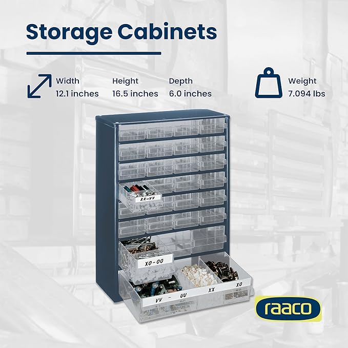 Raaco Steel Storage Cabinet, Standard 28-Drawer, Clear Polypropylene Plastic Drawer – Small Parts Organizer, Screws, Nuts & Bolts, Crafts & Hardware – Tool Cabinet for Workbench & Wall Storage (C9-28)