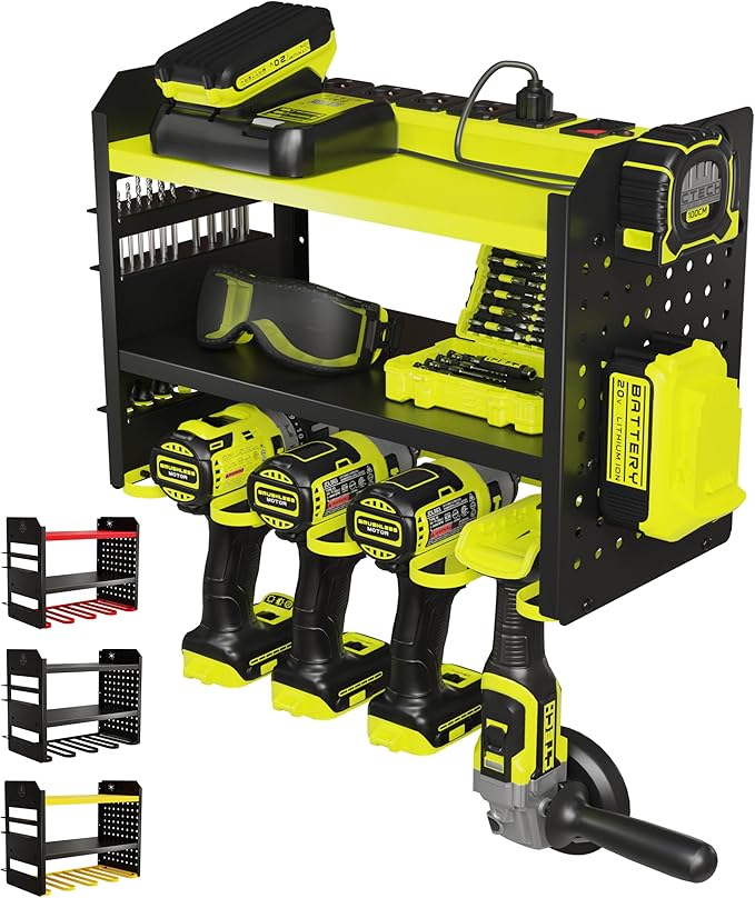 BUILTSTRONG Heavy-Duty Metal Tool Storage Rack - 3-Tier Wall Mount Organizer, Drill Holder, Utility Racks, PegBoard Side, Garage Storage (Green)