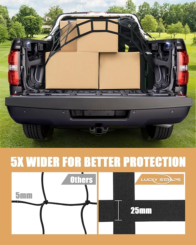 The First Flat Bungee Cargo Net for Pickup Truck Bed, 4' x 4' Stretches to 10' x 10', 25 MM Heavy Duty Cargo Net with 2 Using Modes, for Dodge RAM, Ford, Chevy, Toyota, etc