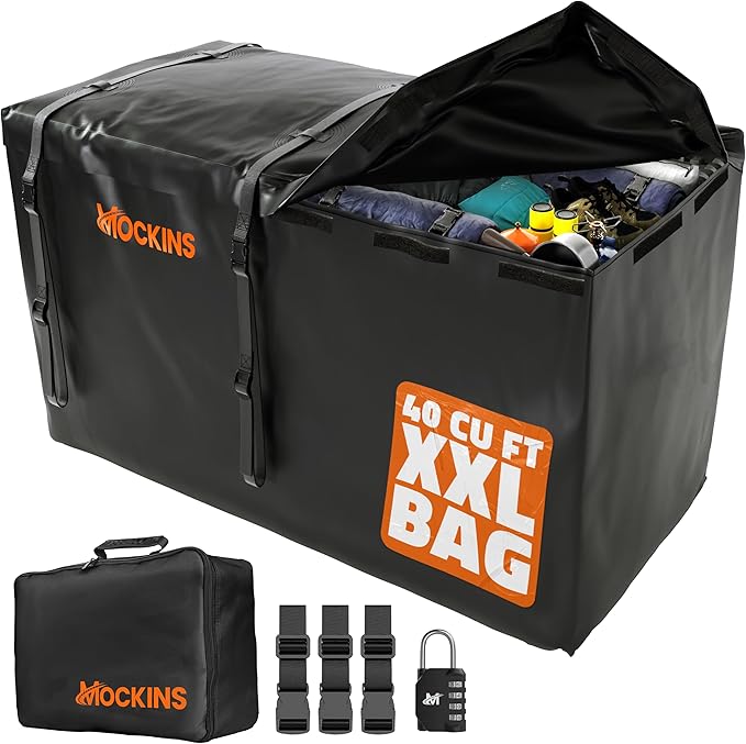 Mockins 40 CuFt XXL Trailer Hitch Cargo Carrier Bag | 70"x30"x33" Waterproof Cargo Bag for Hitch Carrier | All-Weather Abrasion-Resistant Vinyl Vehicle Soft-Shell Carriers w/Straps, Lock & Carry Bag