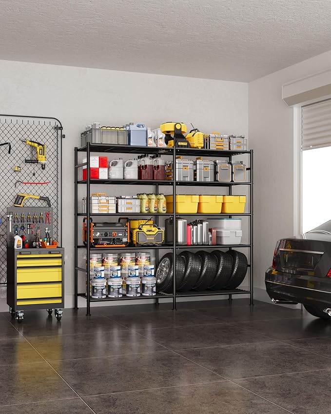 Sakugi Storage Shelves - 5-Tier Heavy Duty Garage Shelving Units with Leveling Feet & Wall Anchor, Large-Capacity Metal Shelf for Garage, Pantry, Kitchen, 59.1" x 15.7" x 69.2", Black
