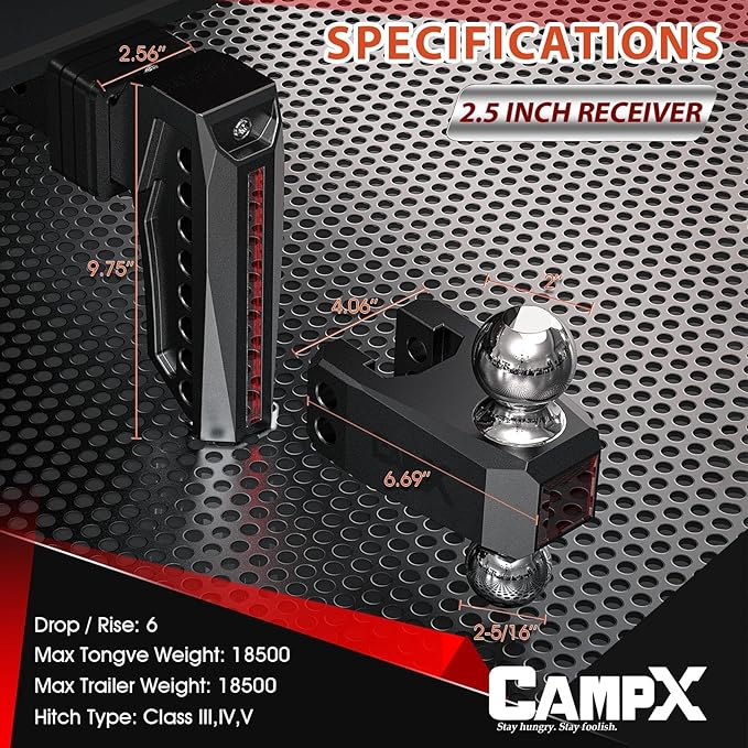 Adjustable Trailer Hitch Fits 2.5" Receiver, 6" Drop & Rise, Dual Solid Ball 2" and 2-5/16"(18,500 LBS GTW), Heavy Duty Aluminum Tow Hitch