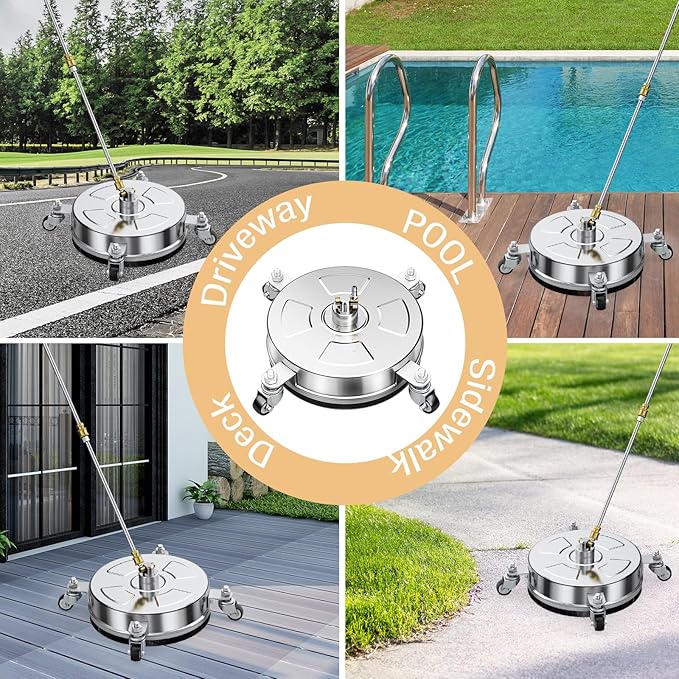 14" Pressure Washer Surface Cleaner with 4 Wheels, Stainless Steel Housing, 4000 PSI Max, 3 Connect Nozzles & 2 Extension Wands, Pressure Washer Surface Cleaner for Concrete, Patios, Sidewalks