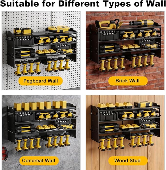 oviitech Large Power Tool Organizer Wall Mount, 8 Drill Holder Wall Mount Loads 400lbs, 4 Layer Heavy Duty Metal Power Tool Storage, Black, Utility Rack for Garage Workshop, Gifts for Men