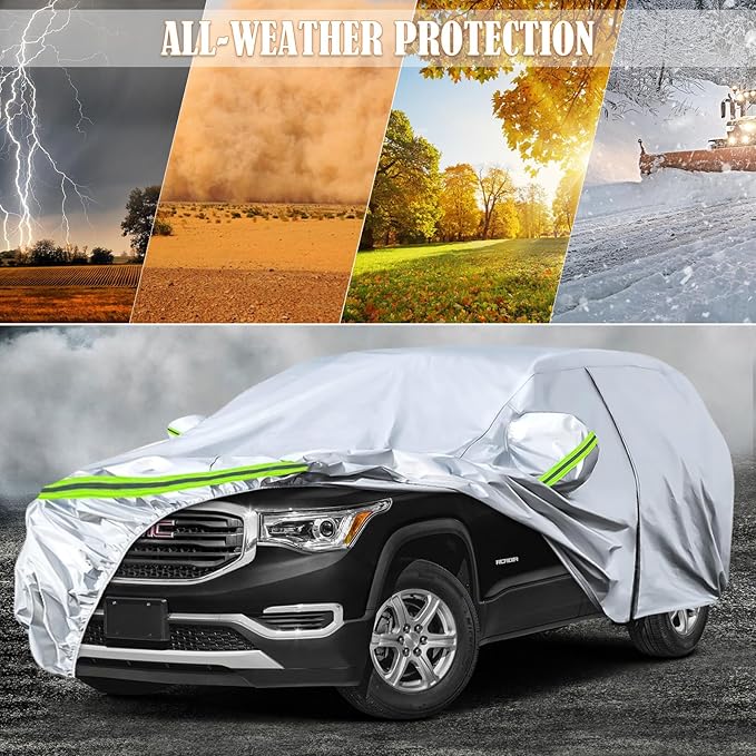 Waterproof Car Covers Replace for 2017-2025 GMC Acadia, 6 Layers Silver All Weather Custom-fit Car Cover with Zipper Door & Windproof Bands for Snow Rain Dust Hail Protection