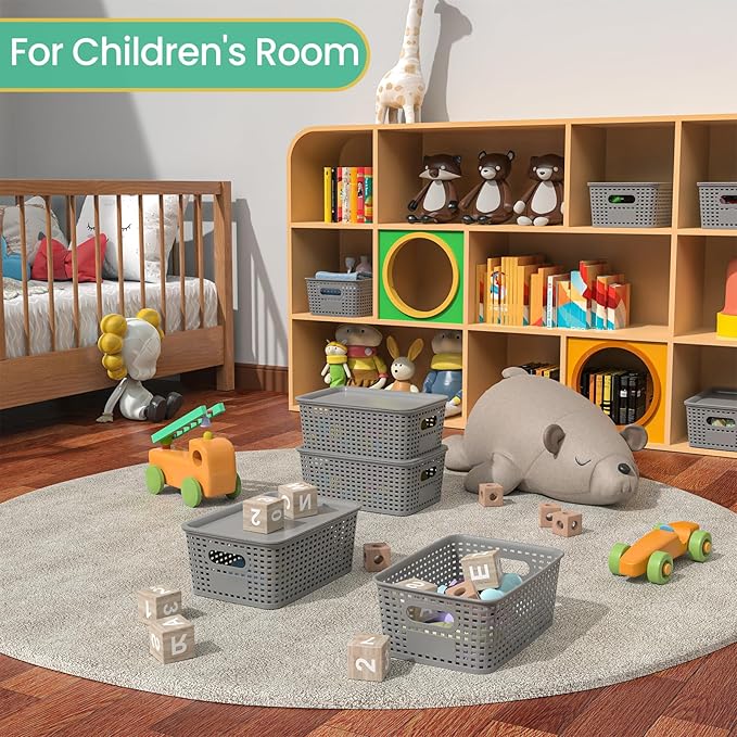 Plastic Storage Baskets with Lid-Plastic Storage Containers Stackable Storage bins: Storage Baskets for Organizing Shelves Drawers Desktop Closet Playroom Classroom Office,8 Pack-Gray10.2x7.2x4.1Inch