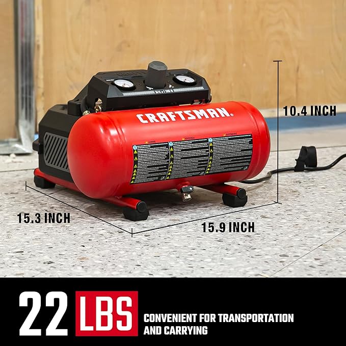 CRAFTSMAN Air Compressor, 1.5 Gallon, 3/4 HP, Max 125 PSI, 1.5 CFM@90psi, Fast Fill Air Compressor, Oil-Free, Portable Air Compressor for DIY Workshop,Spray Painting, Tire Inflation
