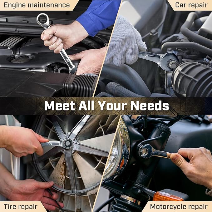 Ratcheting Wrench Set, 8-piece, SAE Wrench Set 5/16" to 3/4", 72-Teeth Gear CR-V Steel Mirror Polished, with Carrying Bag For Auto Repair