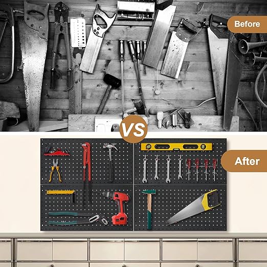 NectaCol 4 Packs 24"x12" Pegboard Wall Organizer, Metal Pegboard Panels Tool Organizer, Pegboard Storage System for Shop, Workbench, Black Metal Peg Boards for Walls