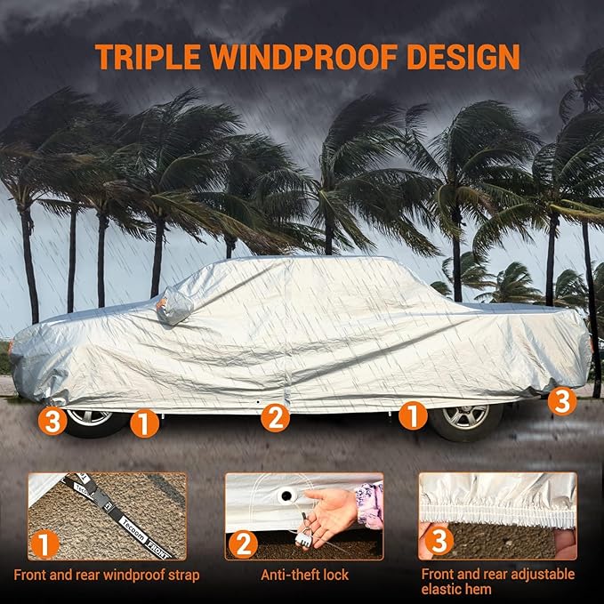 Tecoom Truck Cover Waterproof All Weather, 3-Layer Fleece Lined Full Exterior Pickup Cover with Zipper Door & Lock, UV Snow Rain Outdoor Protection, Universal Fit Regular/Extended/SuperCrew Cab