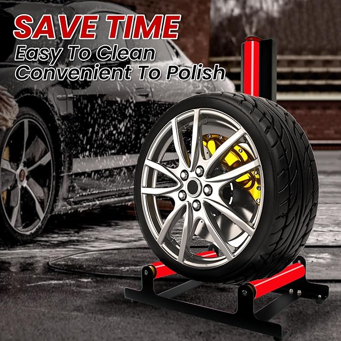 360° Rolling Wheel Detailing Stand, Heavy Duty Wheel Cleaning Stand for Wheel Tire Rim Cleaning Ceramic Coating, Black