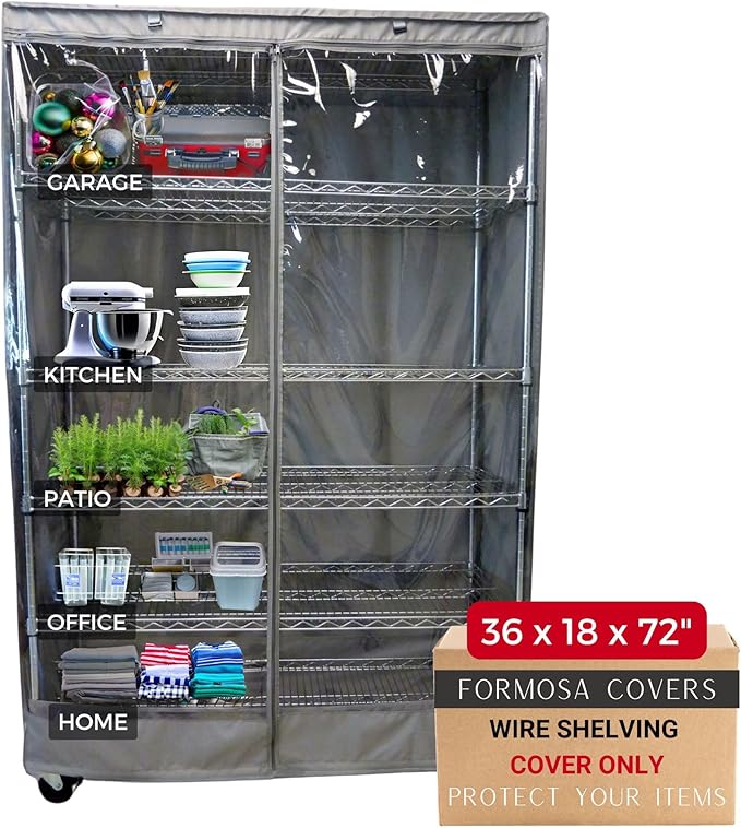 Formosa Covers Premium Clear Front Wire Shelf Cover Grey - Heavy-Duty Storage Solution for Wire Rack Cover (36”Wx18”Dx72”H) - Waterproof PVC, Water/Dust Resistant Fabric, Multi Zipper (No Shelf)