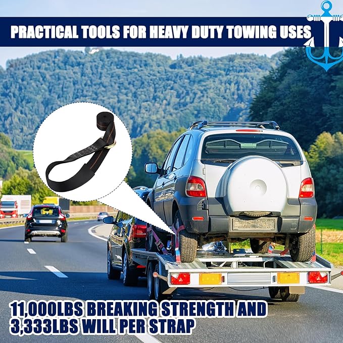 8 Pack Lasso Tow Truck Straps with D Ring 11, 000 Lbs Break Strength D Ring Auto Tie Down Wheel Lift Trailer Strap for Hauling Utv SUV Wrecker Rollback (2" X 12ft,Black)