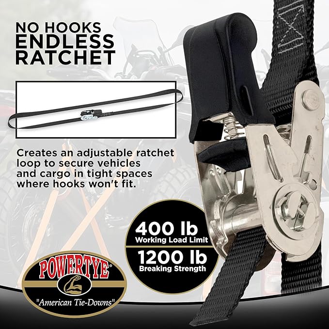 PowerTye Mfg Endless Ratchets - 1in x 4ft Easy Grip (no Hooks) - 400 lb. Working Load Limit / 1,200 lb. Break Strength - Purple 2-Pack