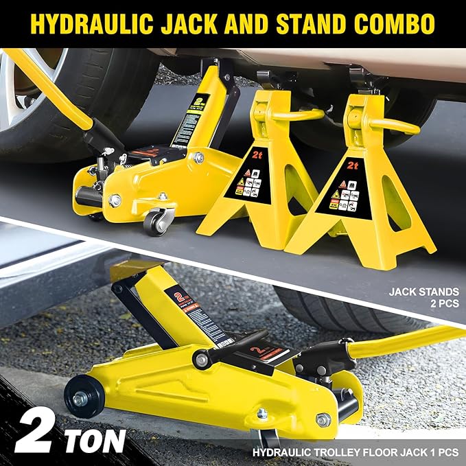 DNA Motoring 2 Ton Car Jack and Stands Kit 2T(4000 lbs) Capacity Low Profile Hydraulic Trolley Service/Floor Jack with 2 Ratchet Stands Combo for Home Garage Shop, Yellow, TOOLS-00476-YL