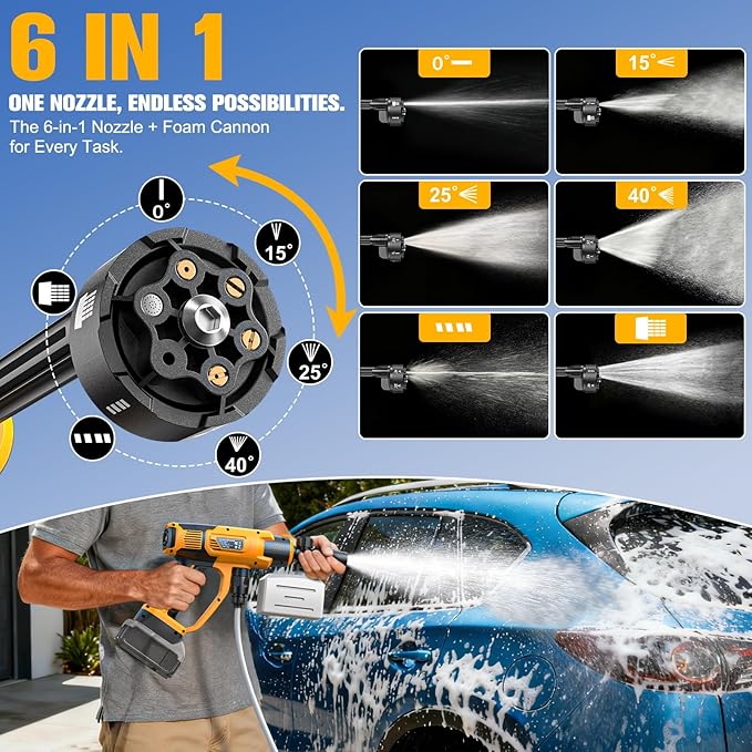 Cordless Pressure Washer Compatible with DeWalt 20V Battery, 800PSI Ultra-Light 2.2LBS with Brushless Motor, 16.4ft Hose & 6-in-1 Nozzle + Foam Cannon for Car, Patio, Fence (Tool Only)