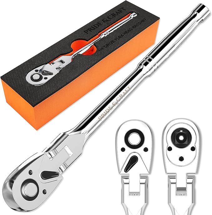 PRIDE&CRAFT 1/4" Drive Flex Head Ratchet 72-Tooth, Socket Wrench Quick Release Reversible Design, Swivel Head Ratchet, Chrome Alloy Made, EVA Organizer