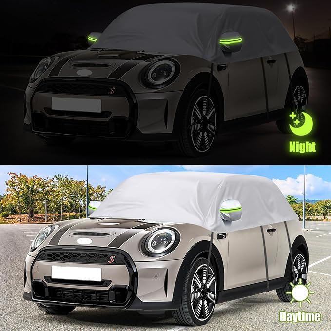 300D Silver Oxford Half Car Cover Compatible with 2000-2024 Mini Cooper/S/Hardtop 2 Dr, Protector Car Body Covers for Windproof Dustproof UV Resistant Protect Your Windshield and Roof