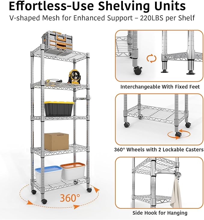 GarveeHome 5-Tier Heavy Duty Storage Shelves 1100 LBS Metal Wire Rack Shelving with Lockable Wheels, 61" H Rolling Storage Rack for Kitchen Garage Bedroom