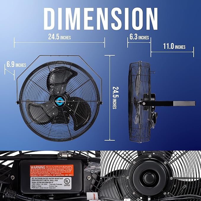 Tornado 20 Inch Outdoor Rated IPX4 Water-Resistant High Velocity Fan Industrial Workstation Wall Mount Fan For Commercial, Industrial, Residential, Greenhouse Use 3 Speed 4750 CFM UL Safety Listed