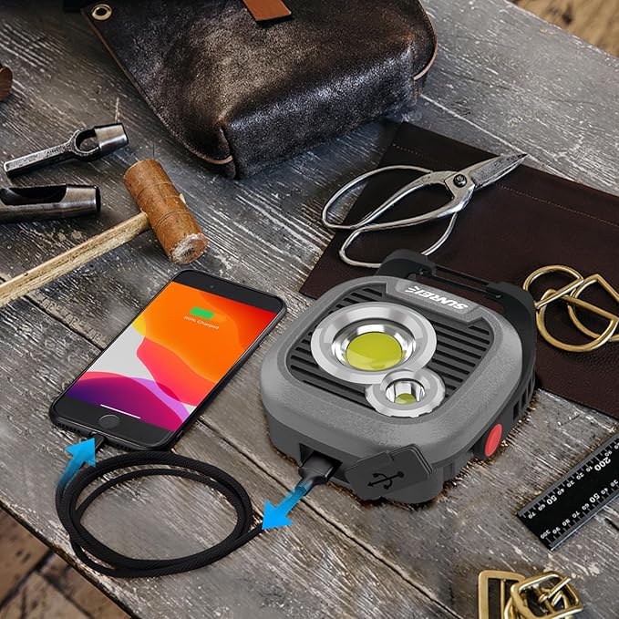 LED Rechargeable Magnetic Work Light SUNREI Mechanic Light Power Bank 180° Rotating,1500LM, 6 Modes,Magnetic&Hook, IPX5 Waterproof, Magnetic Flashlight for Camping, Car Repairing(Gray)