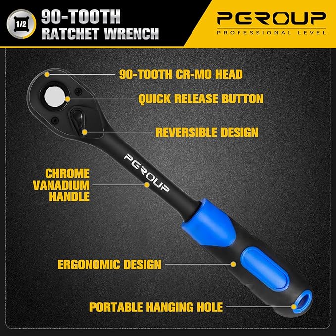 1/2" Drive 90 Tooth Ratchet Wrench, Quick Release Ratchet Wrench with Ergonomic Rubber Handle, 4-Degree Swing Reversible Ratchet, Chrome Alloy Made
