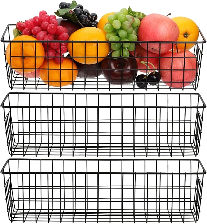 Hedume 3 Pack Metal Wire Storage Organizer Basket, 16.2" x 6.3" x 4.4" Bin Basket with Handles, Versatile Organizer for Kitchen, Pantry, Closet, Laundry Room, Cabinets, Bathroom - Black