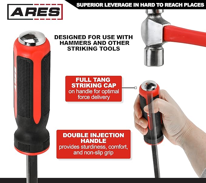 ARES 46007-17.5-Inch Pry Bar - Angled Tip for Lifting and Prying - Comfortable Non-Slip Double Injection Handle