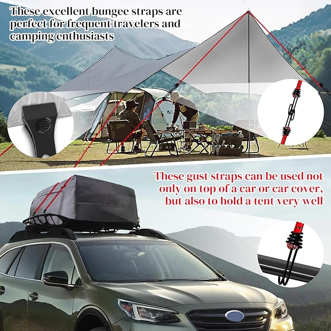 Hlogree 2PCS Car Cover Gust Straps Wind Protector,Bungee Cords Hook Clips Kit Hold Tarp Tie Down from Blowing Off in High Winds-Universal Fit for Most Cars,Sedans,SUVs,Trucks,Vans and More-Red