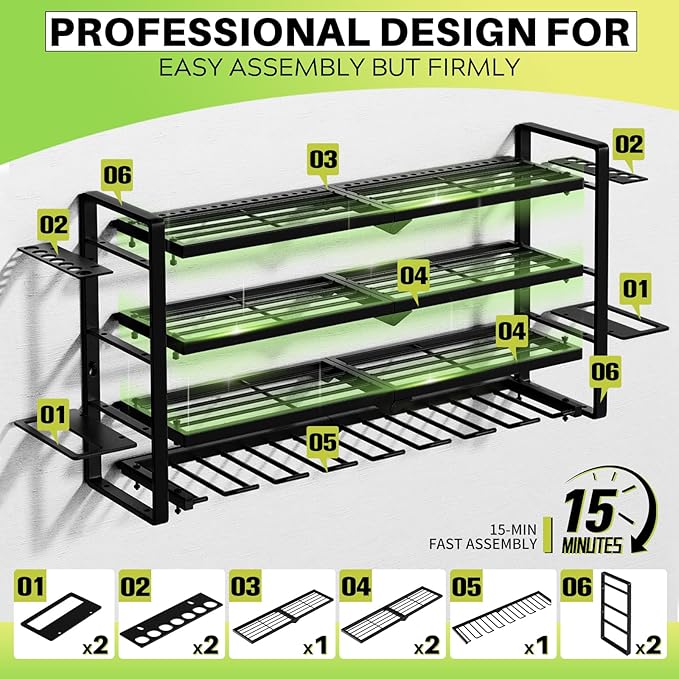 Hipidian Power Tool Organizer Wall Mount - Storage Rack with 4 Drill Holders for Drills Cordless Tools. Heavy Duty Iron Garage Tool Organizer Storage for Workshop Shed (8 Slots 4 Layers 4)