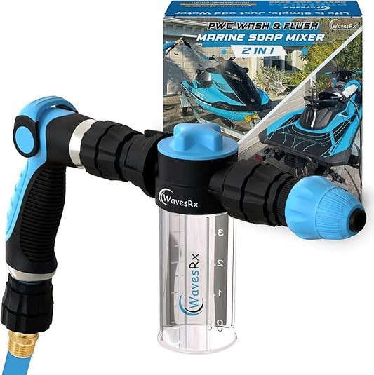 WAVESRX PWC & Boat Wash Sprayer & Engine Flush Mixer to Wash Salt Away | Dual-Use Marine Soap Foamer to Quickly Wash and Rinse | Cleaning Kit for Boating with Garden Hose Quick-Connect