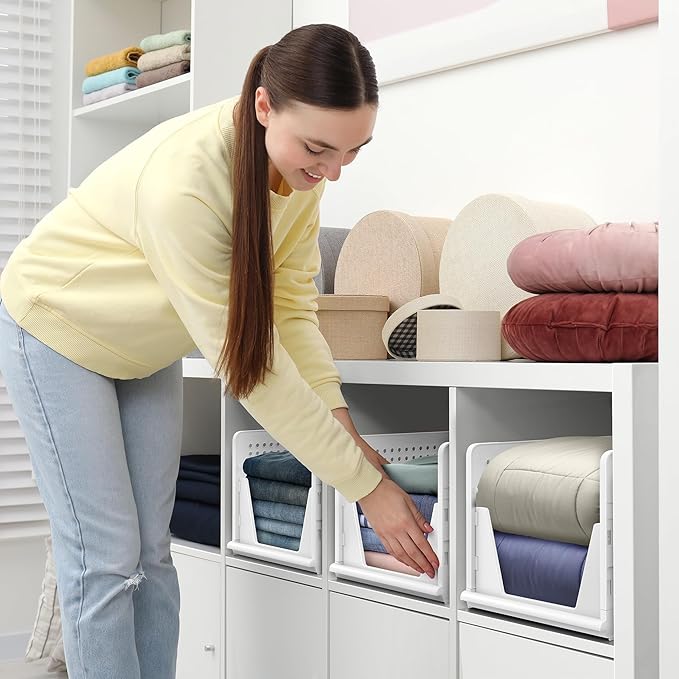 Sorbus 3 Pack Folding Closet Shelf Organizer for Clothes - Versatile Stackable Storage Baskets for Closet, Bathroom, Kitchen and Garage - Easy Access Open Front Design - Plastic Organizer Shelves