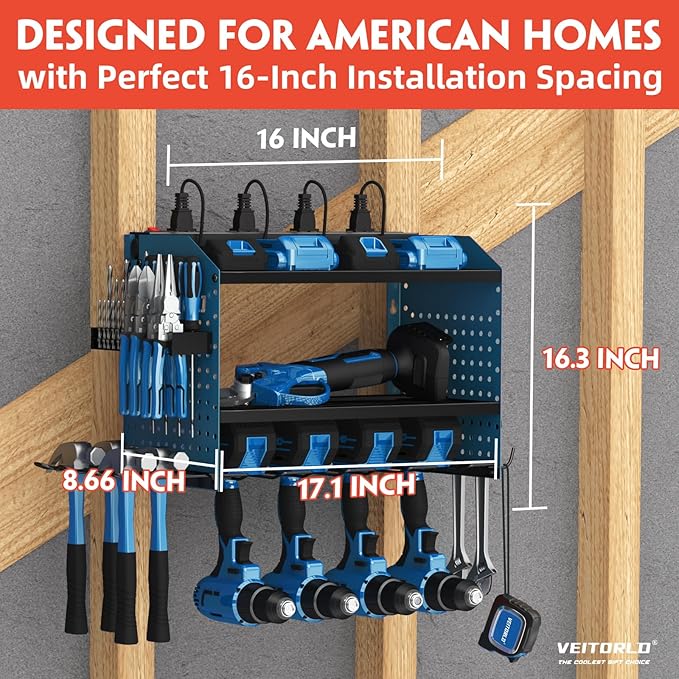 Veitorld Power Tool Organizer with Charging Station, Heavy Duty Modular Wall Mount Rack for Garage & Shed Organization, 4 Drill Holders, Fathers Day Birthday Gifts for Him Men Dad Him Husband(Blue)