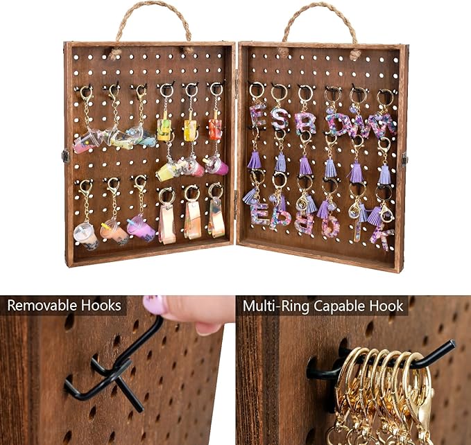 MOOCA Wooden Foldable and Portable 2 Panel Pegboard Jewelry Display Organizer with 48 Removable Black Metal Hooks & Convenient Rope Handle for Easy Carrying, Dual-Sided Panels for Hanging, Brown Color