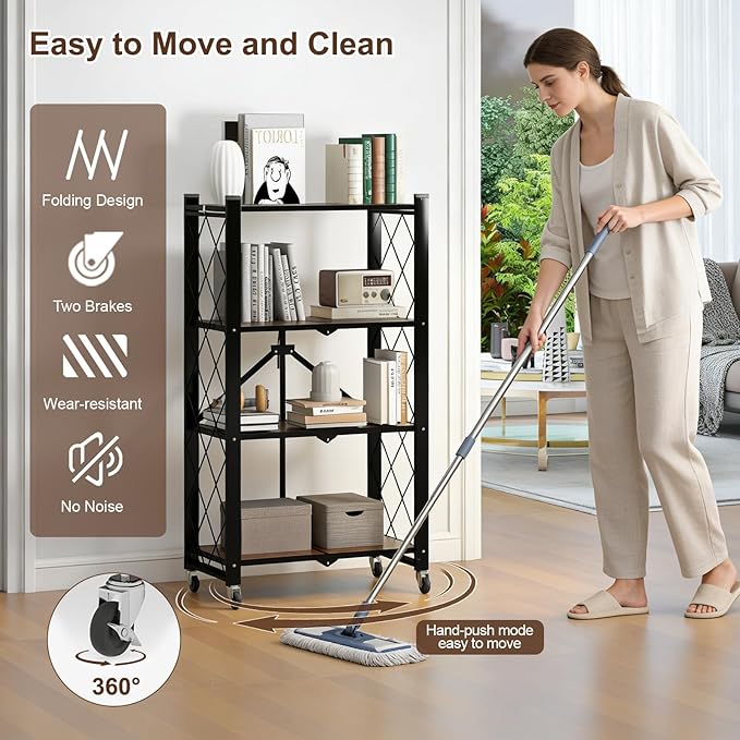 4 Tier Folding Shelf with Wheels, Wood and Metal Bookshelf, no Assembly Foldable Storage Shelves, Vintage Storage Rack for Living Room, Bedroom, and Home Office