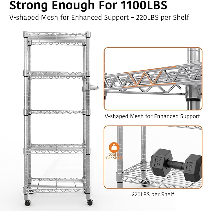 GarveeHome 5-Tier Heavy Duty Storage Shelves 1100 LBS Metal Wire Rack Shelving with Lockable Wheels, 61" H Rolling Storage Rack for Kitchen Garage Bedroom