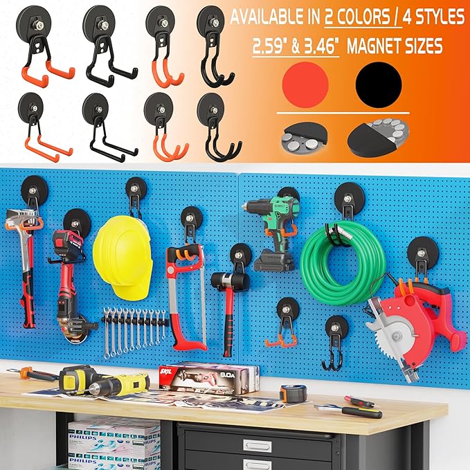 ULIBERMAGNET New Upgraded Large Magnetic Hooks,Strong Heavy Duty Magnet Hooks for Power Drill,Broom,Garden Tools,Pegboard,Garage,Workshop,Hardware, 2 Pack Magnet Storage Holder for Hanging(Black)