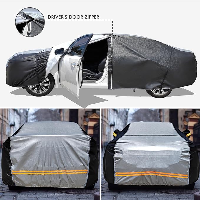 6 Layers Car Cover Waterproof All Weather Car Cover Waterproof All Weather, Outdoor Full Exterior Cover Rain Sun UV Snowproof Protection with Zipper Cotton for Sedan (196-210 inch)