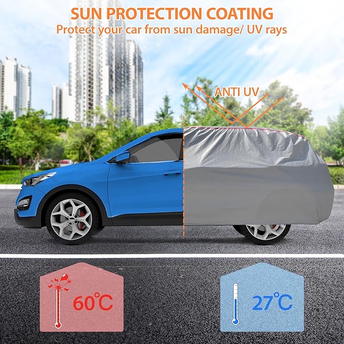 Car Cover Waterproof All Weather, 6 Layers Full Exterior Covers with Zipper Cotton, Mirror Pocket. Outdoor Car Cover UV Snow Rain Wind Dust All Weather Outdoor Protection for SUV (185-190 inch)