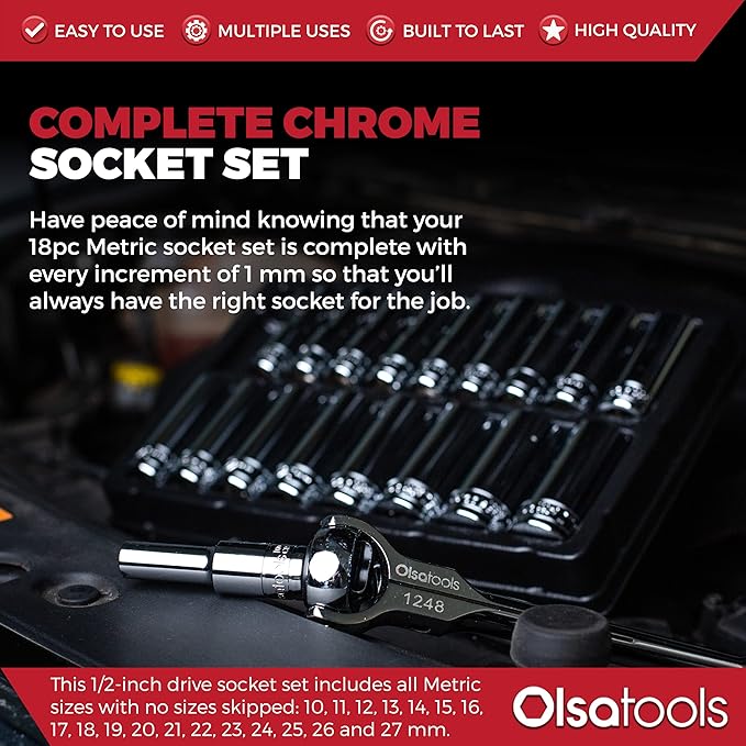 Olsa Tools Metric Deep Socket Set - 1/2-Inch Drive, 18pc - 6-Point Chrome Sockets from 10mm–27mm and No Skipped Sizes - Mechanic Deep Metric Socket Set - Professional Grade Long Sockets - Part: 1325