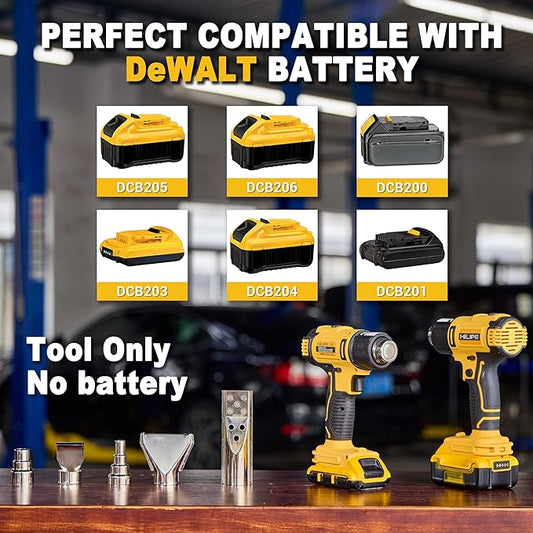 Cordless Heat Gun for DeWALT 20v Battery,Lithium Hot Air Gun, 5 Nozzle Attachments,2-Temp Setting Max 1022°F(550°C),Heat Gun for Shrink Wrapping, Tube Bending (Tool Only, NO Battery)