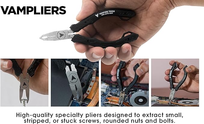 VAMPLIERS 4-PC Screw Extractor Pliers Set. Made in Japan: 8" Linesman, 7.5" Long Nose, 6.25" Black Oxide & 5" ESD Safe Mini Plier. Remove any Stripped/Damaged/Rusted Fasteners