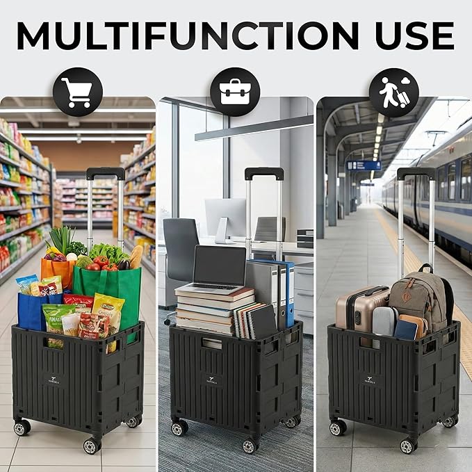 Rolling Cart for Teachers – Collapsible Cart with Wheels, Foldable Utility and Grocery Cart on Wheels for Classroom, Office, Travel, Tool Box, and Move Luggage (Black)