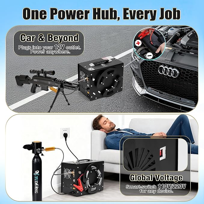 TUXING PCP Air Compressor,4500Psi 30Mpa High Pressure Air Pump, Built-in DC12V/AC120V Power Converter,Auto-Stop,Oil&Water-Free,Paintball and Scuba Tank Compressor Pump(TXES062)