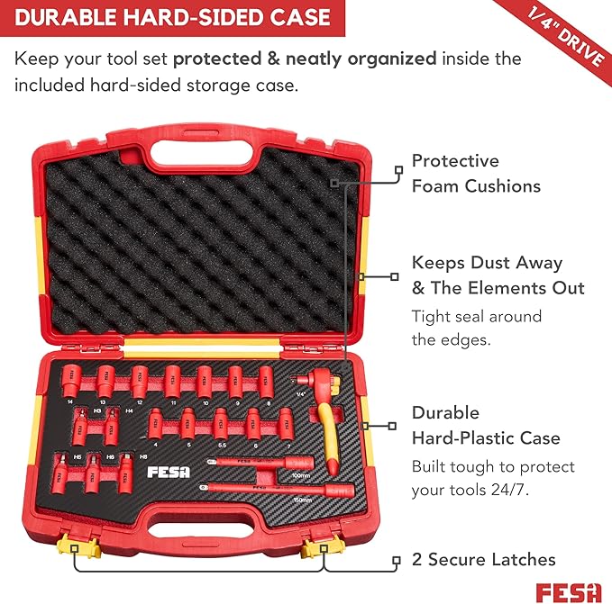 FESA Electrician Insulated Socket Set - 1000V 20-Piece Professional Insulated Ratchet & Socket Wrench Set (1/4" Drive) w/ 2 Extensions & 5 Hex Bits - 1000 Volt Tools for Electricians