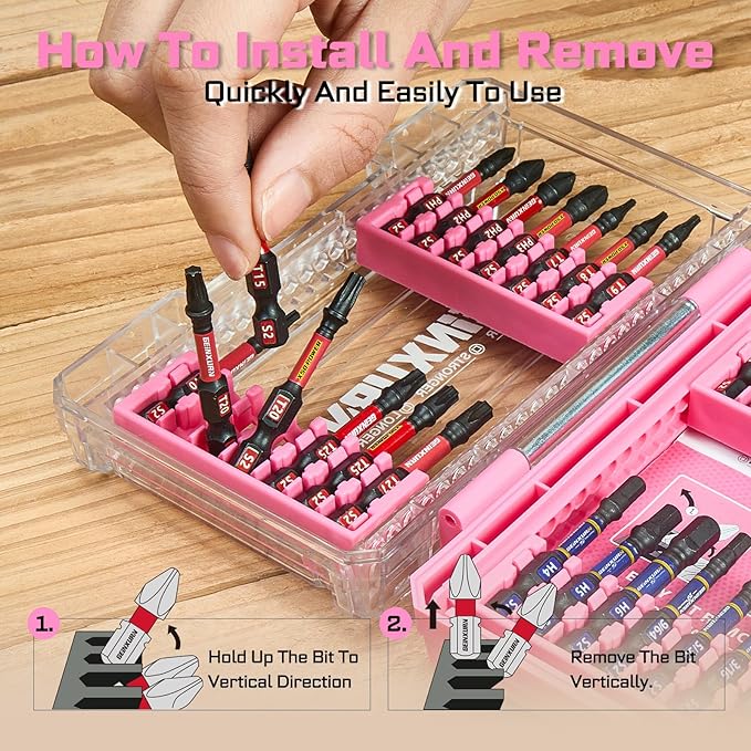 Geinxurn 28Pieces Impact Screwdriver Bits Set, Magnetic S2 Steel Phillips/Slotted/Square/Torx Insert Power Bits Tips, Impact Bit Holder with Pink Storage Box Case