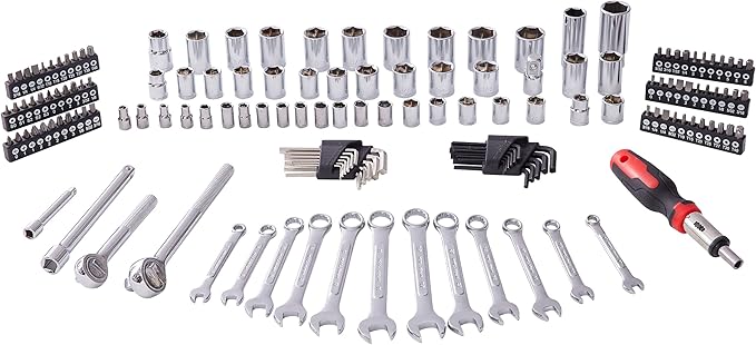161-Piece Master Mechanics Tool Set & 1/4", 3/8", 1/2" Drive Socket Kit. Professional Auto Repair Set with Ratcheting Bit Driver, Spark Plug Sockets, Wrenches & Hex Keys for Car, Truck, RV.