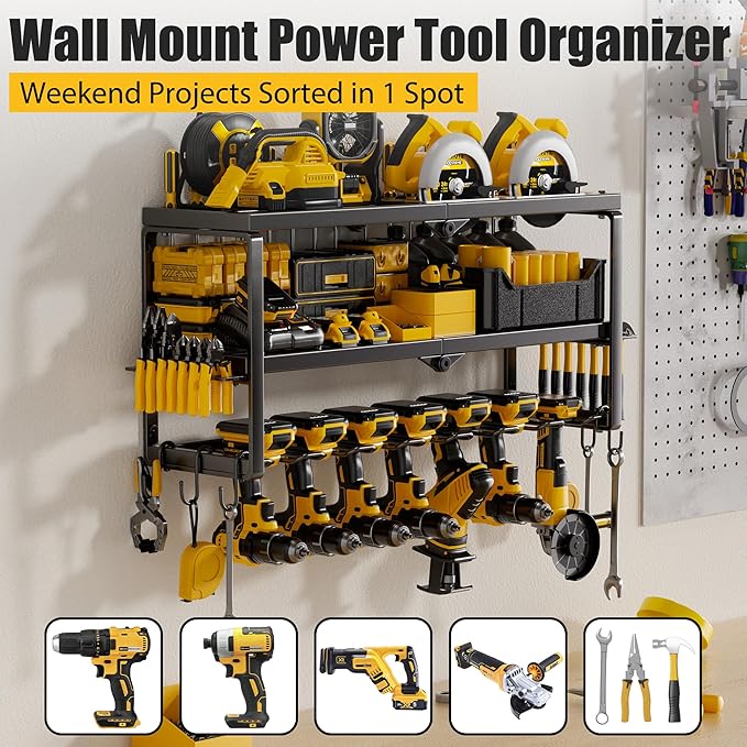 Power Tool Organizer Wall Mount, 7 Slots Cordless Drill Holder Storage Rack, Heavy Duty Battery Tools Holder with Shelf for Charging Station, for Garage Organization, Workshop