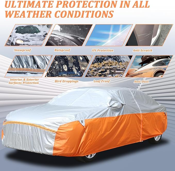 Tecoom Waterproof All Weather Sedan Car Cover, Windproof Storm Full Exterior Cover with 3 Gust Straps, Mirror & Door Zipper, UV Sun Snow Protection, Fit for Sedan (170"–190")